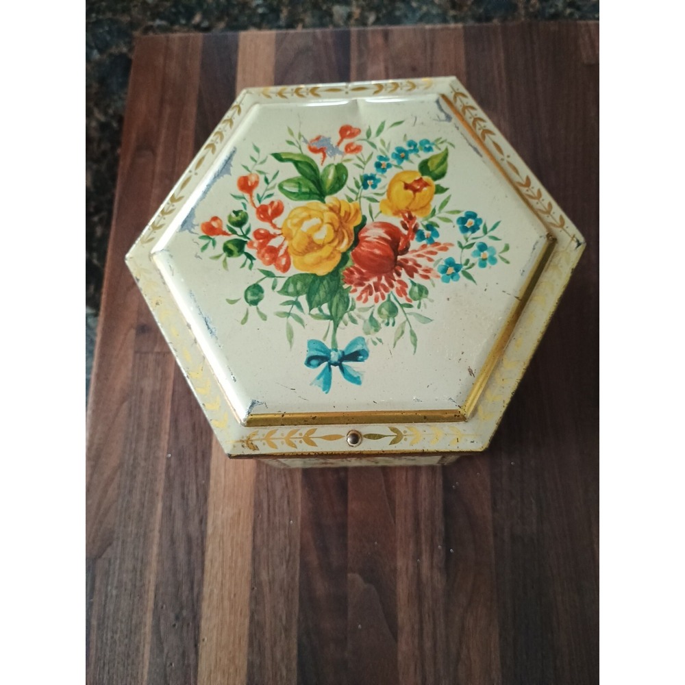 Vintage 6 Sided Floral Tin With Hinged Lid, Made in West Germany Container